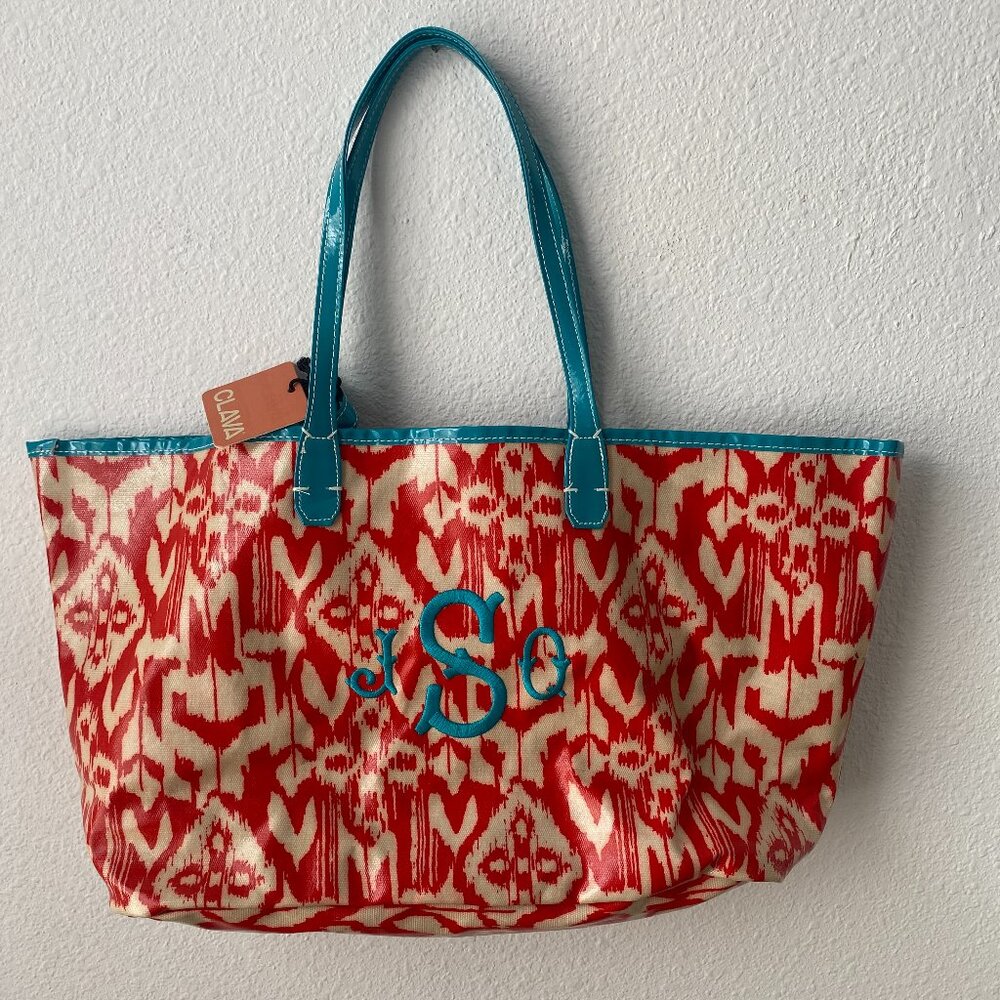 CLAVA Women’s WELLIE MARKET TOTE in Red Turquoise Ikat Print Attached Pouchette